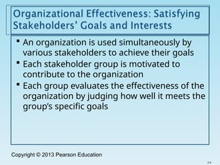 Copyright © 2013 Pearson Education
 An organization is used simultaneously by
various stakeholders to achieve their goals
 Each stakeholder group is motivated to
contribute to the organization
 Each group evaluates the effectiveness of the
organization by judging how well it meets the
group’s specific goals
2-6
 