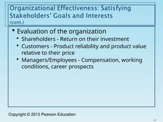 Copyright © 2013 Pearson Education
 Evaluation of the organization
 Shareholders - Return on their investment
 Customers - Product reliability and product value
relative to their price
 Managers/Employees - Compensation, working
conditions, career prospects
2-7
 