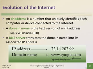 Evolution of the Internet

• An IP address is a number that uniquely identifies each
  computer or device connected to the Internet
• A domain name is the text version of an IP address
       – Top-level domain (TLD)
• A DNS server translates the domain name into its
  associated IP address




Pages 79 – 80           Discovering Computers 2011: Living in a Digital World   12
Figure 2-4                                  Chapter 2
 