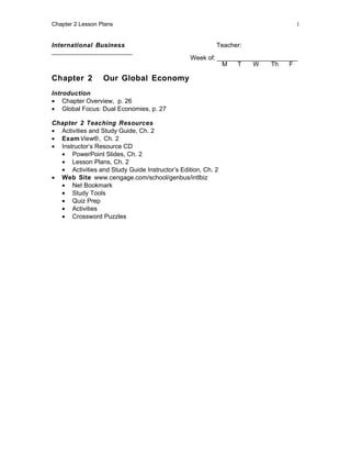 Chapter 2 Lesson Plans                                                         1


International Business                                   Teacher:
_______________________
                                                Week of: _______________________
                                                          M    T   W    Th    F

Chapter 2         Our Global Economy
Introduction
• Chapter Overview, p. 26
• Global Focus: Dual Economies, p. 27

Chapter 2 Teaching Resources
• Activities and Study Guide, Ch. 2
• Exam View®, Ch. 2
• Instructor’s Resource CD
  • PowerPoint Slides, Ch. 2
  • Lesson Plans, Ch. 2
  • Activities and Study Guide Instructor’s Edition, Ch. 2
• Web Site www.cengage.com/school/genbus/intlbiz
  • Net Bookmark
  • Study Tools
  • Quiz Prep
  • Activities
  • Crossword Puzzles
 