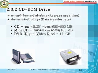 2.3.2 CD-ROM Drive ความเร็วในการเข้าถึงข้อมูล  (Average seek time)  อัตราการส่งถ่ายข้อมูล  (Data transfer rate) CD -  ขนาด  5.25 ”   ความจุ  650-800  MB Mini CD -  ขนาด  8  cm  ความจุ  185  MB DVD  ( D igital  V ideo  D isc) - 17  GB 