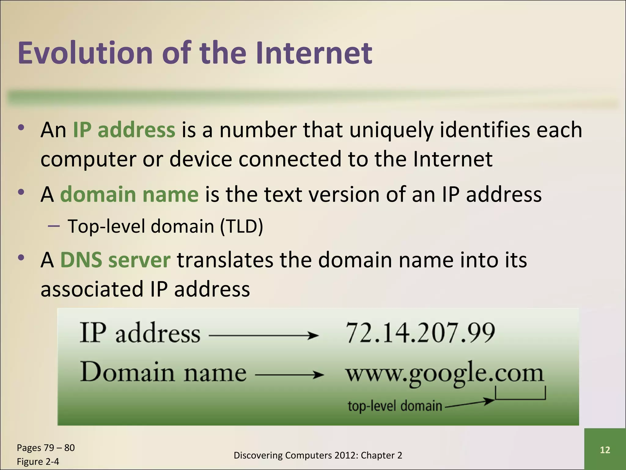 Evolution of the Internet 
• An IP address is a number that uniquely identifies each 
computer or device connected to the Internet 
• A domain name is the text version of an IP address 
– Top-level domain (TLD) 
• A DNS server translates the domain name into its 
associated IP address 
Discovering Computers 2012: Chapter 2 Pages 79 – 80 12 
Figure 2-4 
 