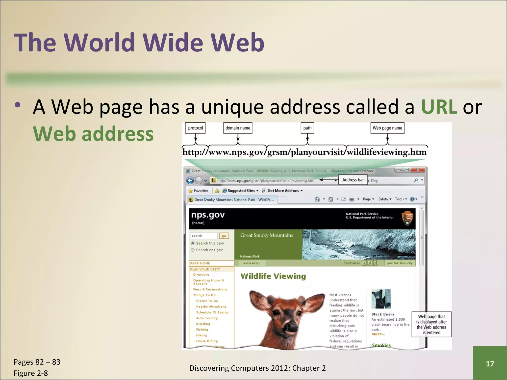 The World Wide Web 
• A Web page has a unique address called a URL or 
Web address 
Discovering Computers 2012: Chapter 2 Pages 82 – 83 17 
Figure 2-8 
 