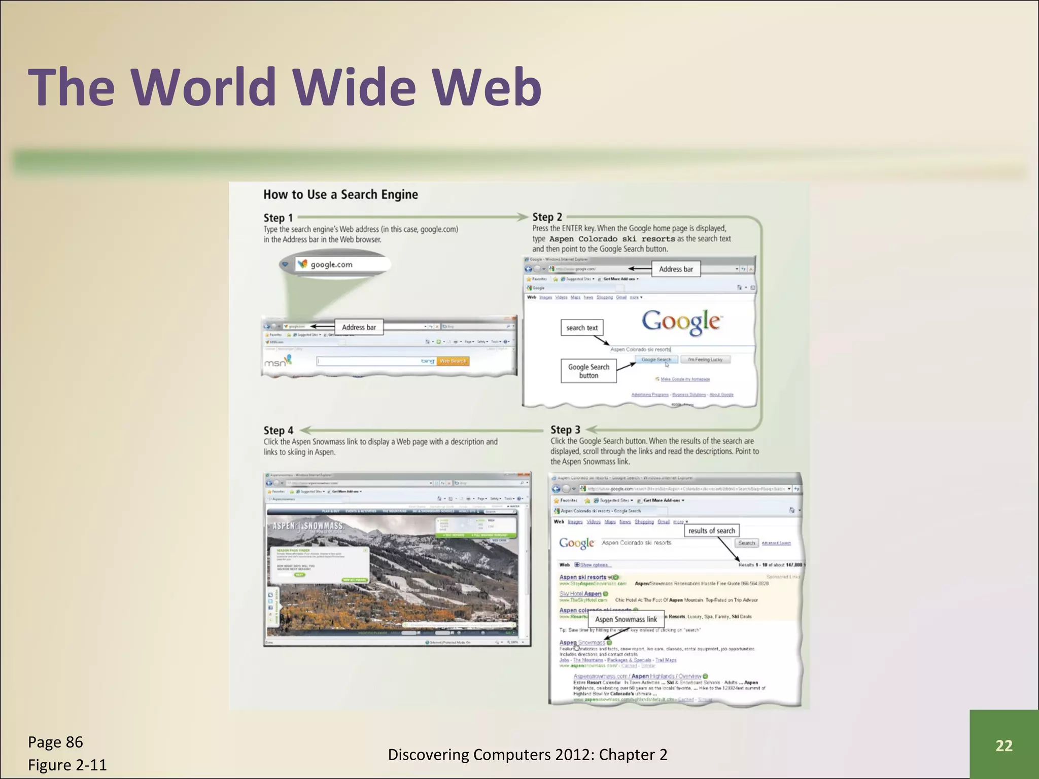 The World Wide Web 
Discovering Computers 2012: Chapter 2 Page 86 22 
Figure 2-11 
 