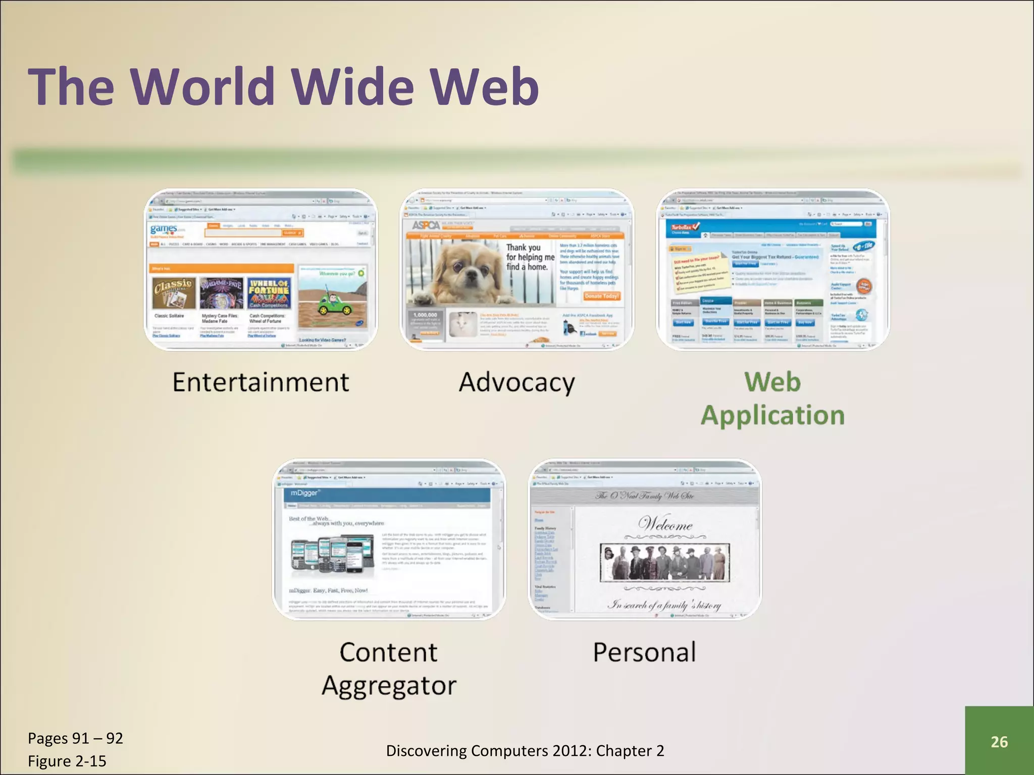 The World Wide Web 
Discovering Computers 2012: Chapter 2 Pages 91 – 92 26 
Figure 2-15 
 