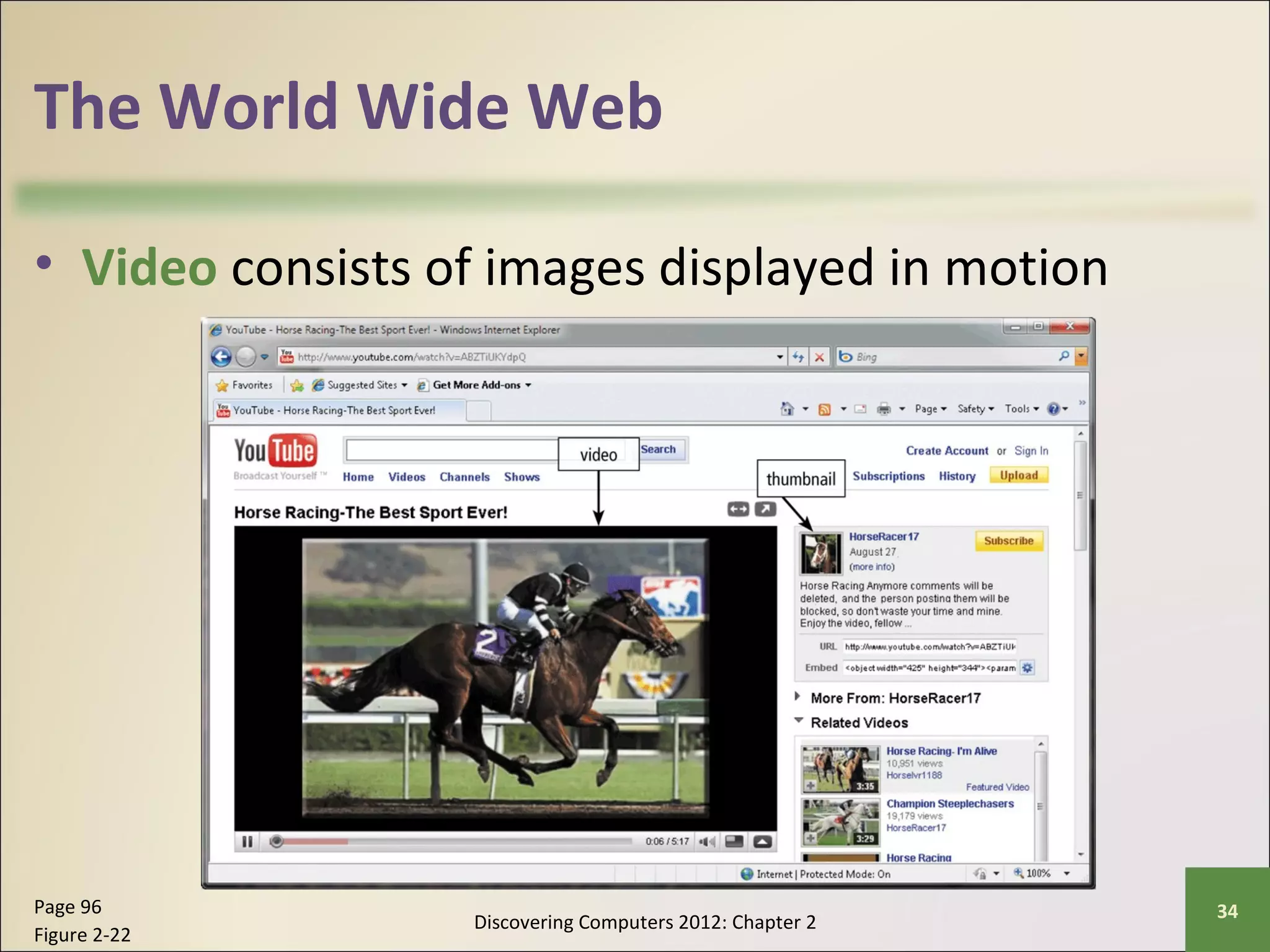 The World Wide Web 
• Video consists of images displayed in motion 
Discovering Computers 2012: Chapter 2 Page 96 34 
Figure 2-22 
 