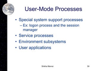 59
User-Mode Processes
• Special system support processes
– Ex: logon process and the session
manager
• Service processes
• Environment subsystems
• User applications
Shikha Manrai
 