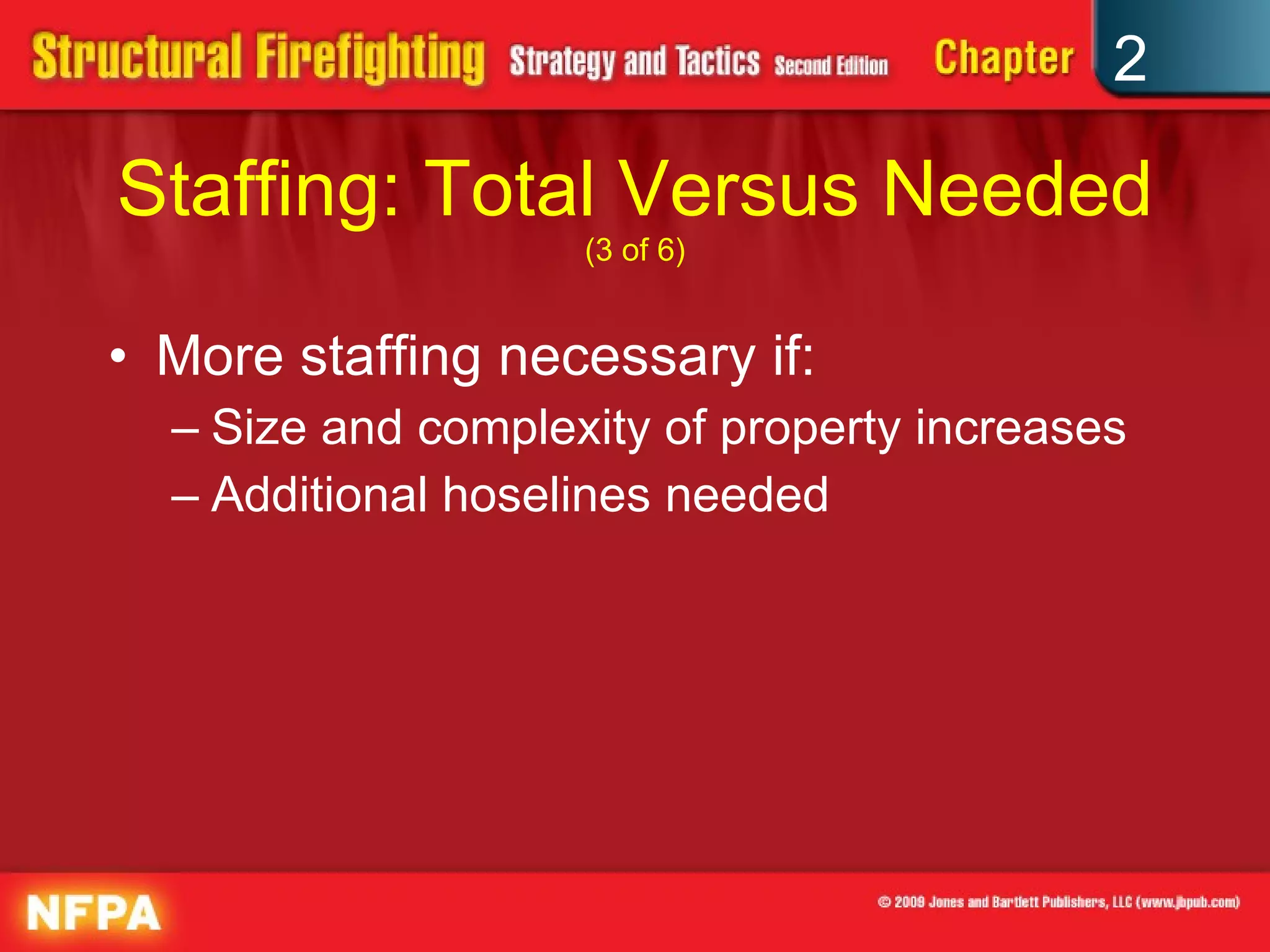 Staffing: Total Versus Needed  (3 of 6) More staffing necessary if: Size and complexity of property increases Additional hoselines needed 