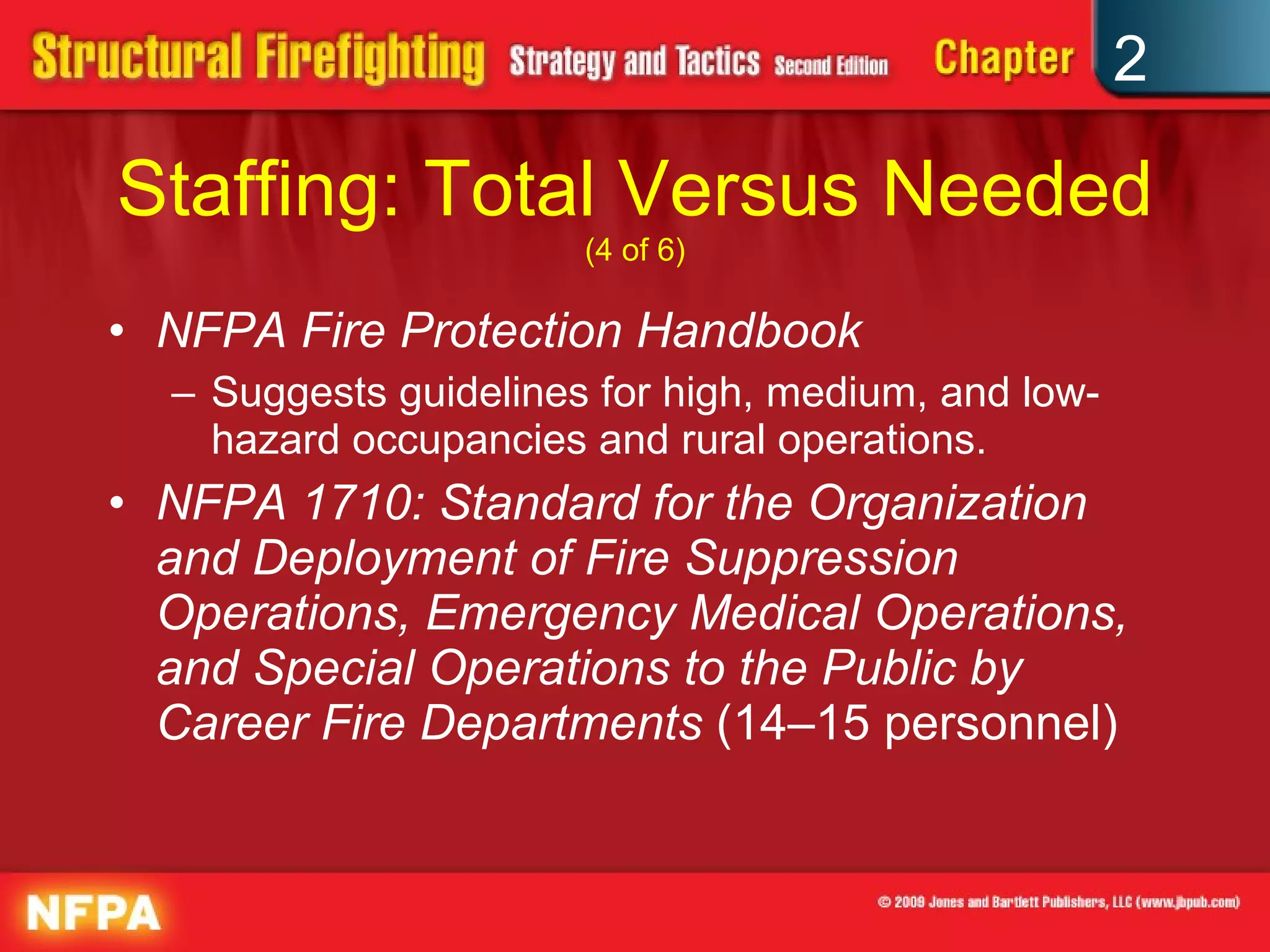Staffing: Total Versus Needed  (4 of 6) NFPA Fire Protection Handbook Suggests guidelines for high, medium, and low-hazard occupancies and rural operations. NFPA 1710: Standard for the Organization and Deployment of Fire Suppression Operations, Emergency Medical Operations, and Special Operations to the Public by Career Fire Departments  (14–15 personnel) 