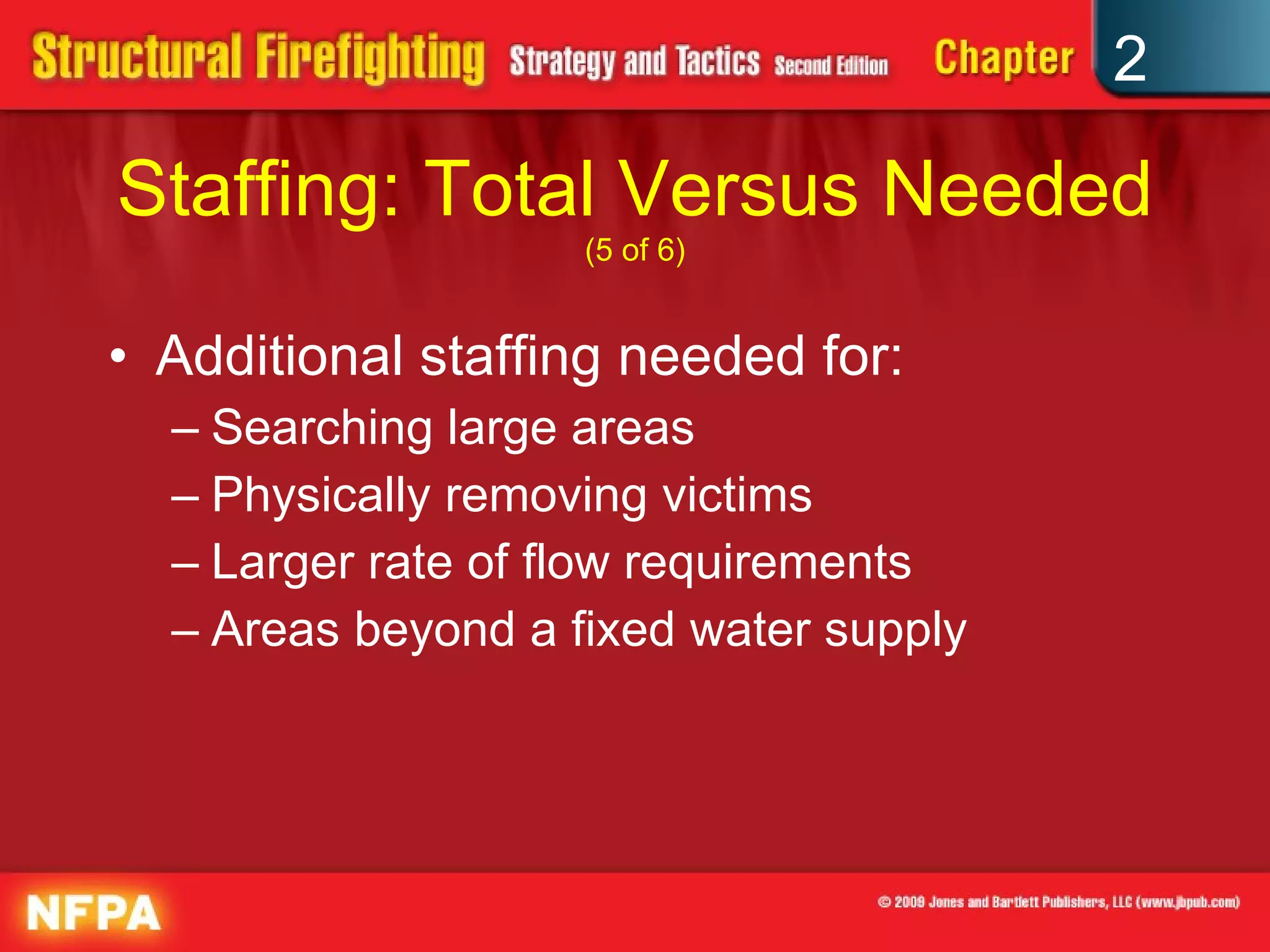 Staffing: Total Versus Needed  (5 of 6) Additional staffing needed for: Searching large areas Physically removing victims Larger rate of flow requirements Areas beyond a fixed water supply  