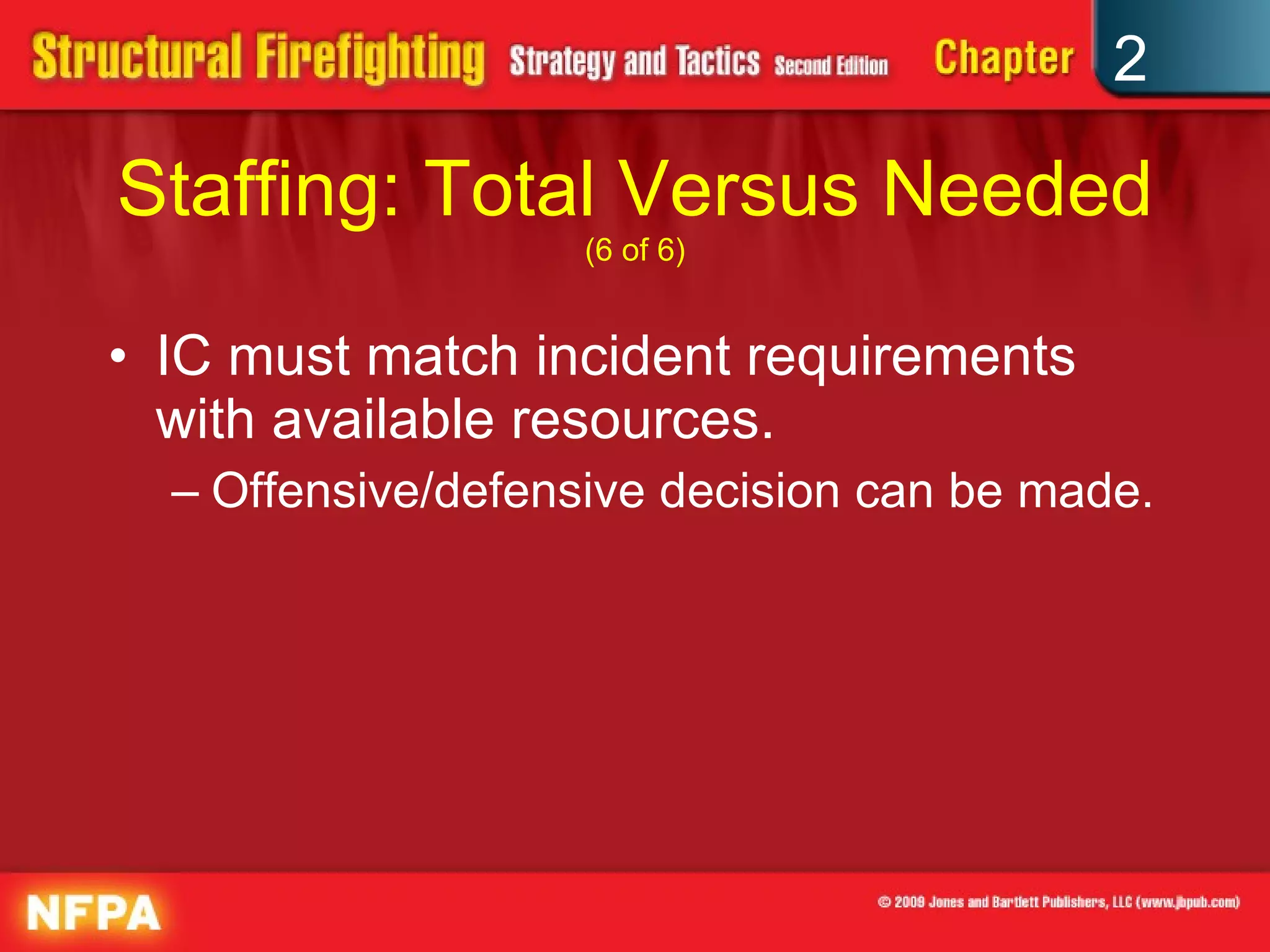 Staffing: Total Versus Needed  (6 of 6) IC must match incident requirements with available resources. Offensive/defensive decision can be made. 