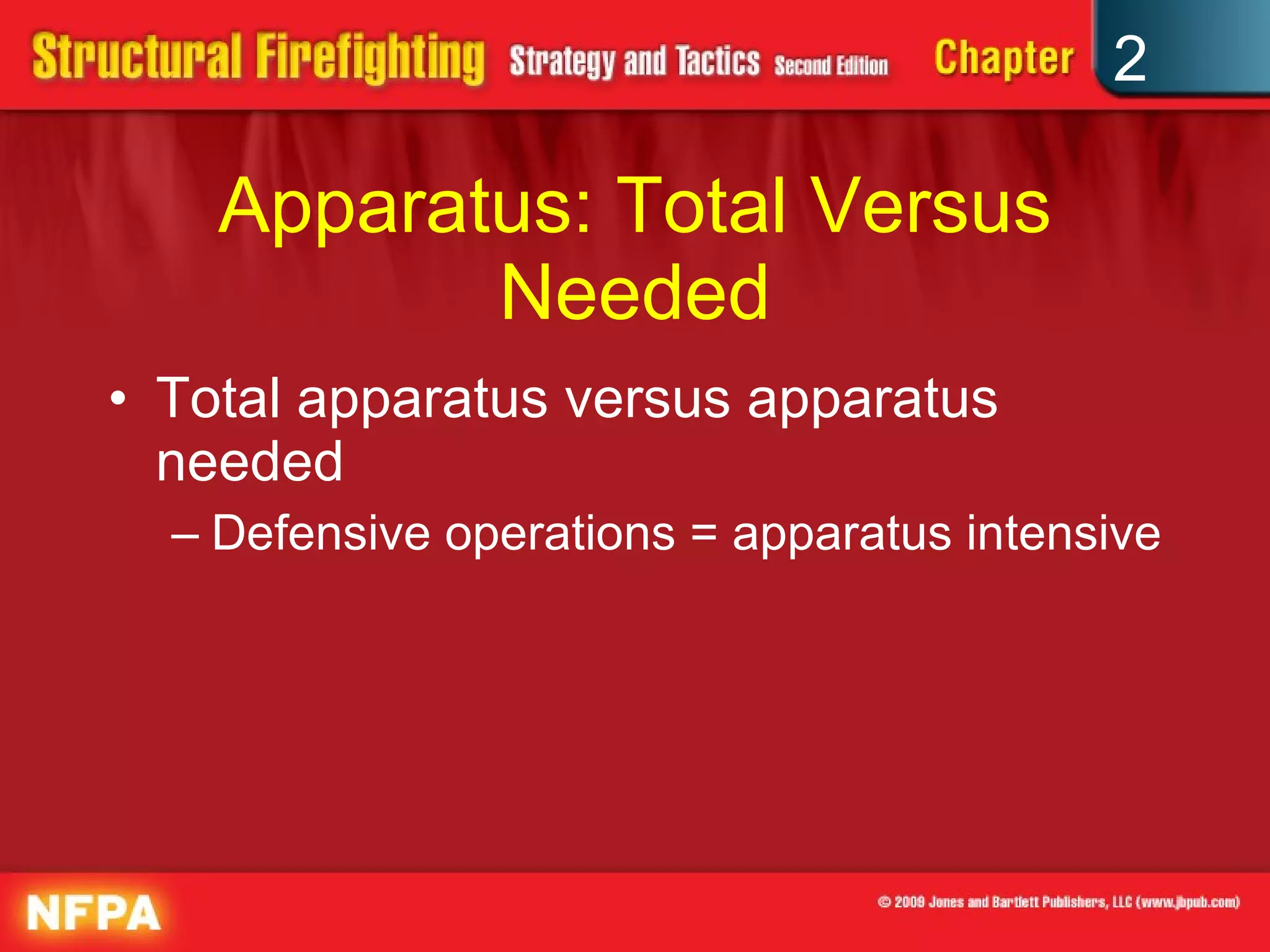 Apparatus: Total Versus Needed Total apparatus versus apparatus needed Defensive operations = apparatus intensive 