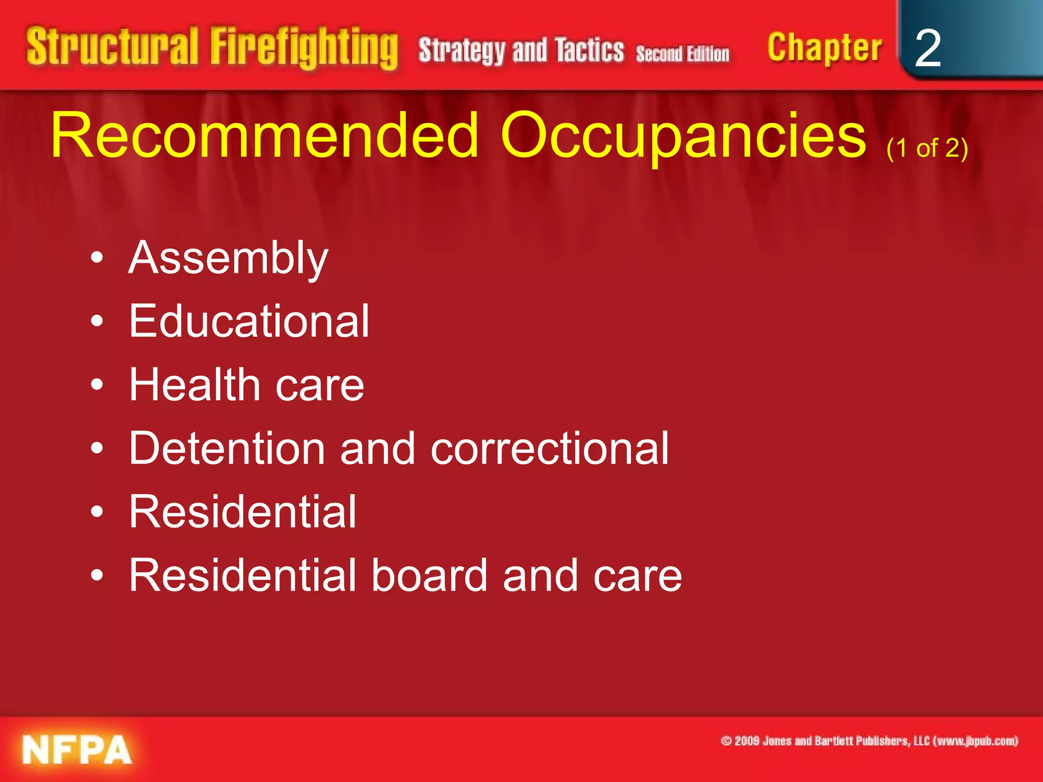 Recommended Occupancies  (1 of 2) Assembly Educational Health care Detention and correctional Residential Residential board and care 