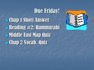 Due Friday!
 Chap 1 Short Answer
 Reading #2: Hammurabi

 Middle East Map Quiz

 Chap 2 Vocab. Quiz
 