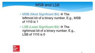 MSB and LSB
 MSB (Most Significant Bit)  The
leftmost bit of a binary number. E.g., MSB
of 1110 is 1
 LSB (Least Significant Bit)  The
rightmost bit of a binary number. E.g.,
LSB of 1110 is 0
18
 