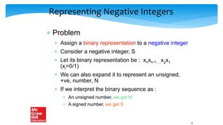 Representing Negative Integers
 Problem
 Assign a binary representation to a negative integer
 Consider a negative integer, S
 Let its binary representation be : xnxn-1….x2x1
(xi=0/1)
 We can also expand it to represent an unsigned,
+ve, number, N
 If we interpret the binary sequence as :
 An unsigned number, we get N
 A signed number, we get S
22
 