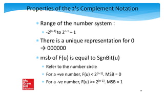 Properties of the 2's Complement Notation
 Range of the number system :
 -2(n-1) to 2n-1 – 1
 There is a unique representation for 0
→ 000000
 msb of F(u) is equal to SgnBit(u)
 Refer to the number circle
 For a +ve number, F(u) < 2(n-1). MSB = 0
 For a -ve number, F(u) >= 2(n-1). MSB = 1
34
 
