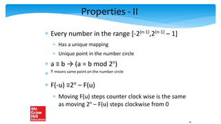 Properties - II
 Every number in the range [-2(n-1),2(n-1) – 1]
 Has a unique mapping
 Unique point in the number circle
 a ≡ b → (a = b mod 2n)
 ≡ means same point on the number circle
 F(-u) ≡2n – F(u)
 Moving F(u) steps counter clock wise is the same
as moving 2n – F(u) steps clockwise from 0
35
 