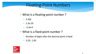Floating-Point Numbers
 What is a floating-point number ?
 2.356
 1.3e-10
 -2.3e+5
 What is a fixed-point number ?
 Number of digits after the decimal point is fixed
 3.29, -1.83
49
 