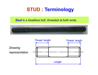 STUD : Terminology
Stud is a headless bolt, threaded at both ends.
Thread lengthThread length
Drawing
t ti
L th
representation
Length
 
