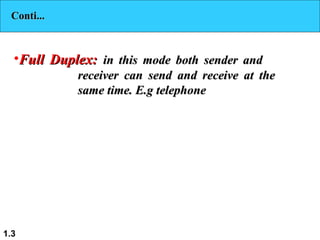 1.3
Conti...Conti...
•Full Duplex:Full Duplex: in this mode both sender andin this mode both sender and
receiver can send and receive at thereceiver can send and receive at the
same time. E.g telephonesame time. E.g telephone
 