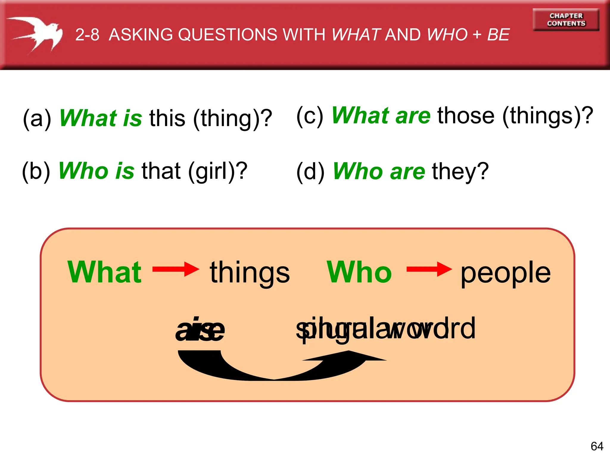 64
is singular word
plural word
are
(a) What is this (thing)?
(b) Who is that (girl)?
(c) What are those (things)?
(d) Who are they?
Who people
What things
2-8 ASKING QUESTIONS WITH WHAT AND WHO + BE
 