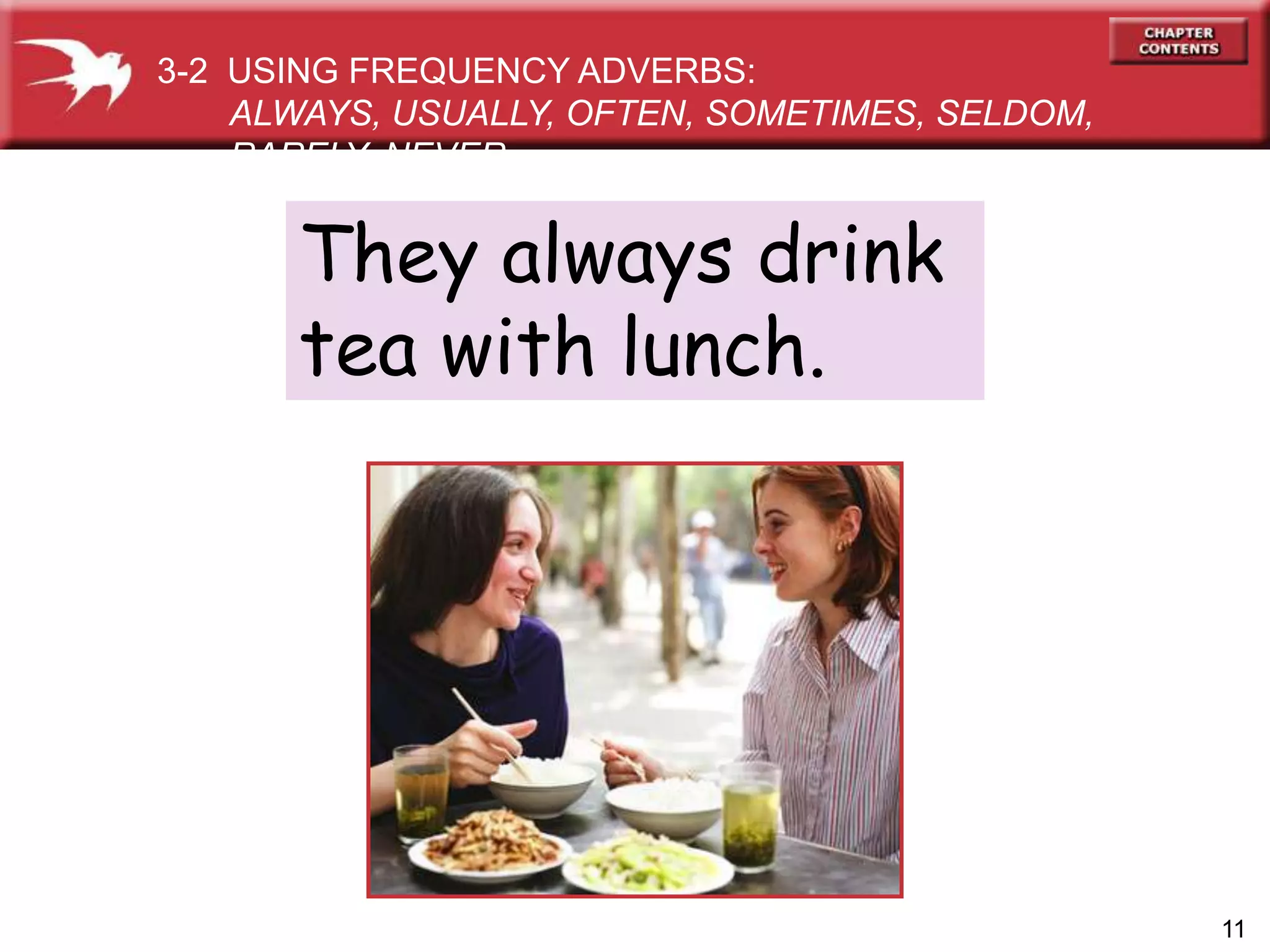 11
They always drink
tea with lunch.
3-2 USING FREQUENCY ADVERBS:
ALWAYS, USUALLY, OFTEN, SOMETIMES, SELDOM,
RARELY, NEVER
 