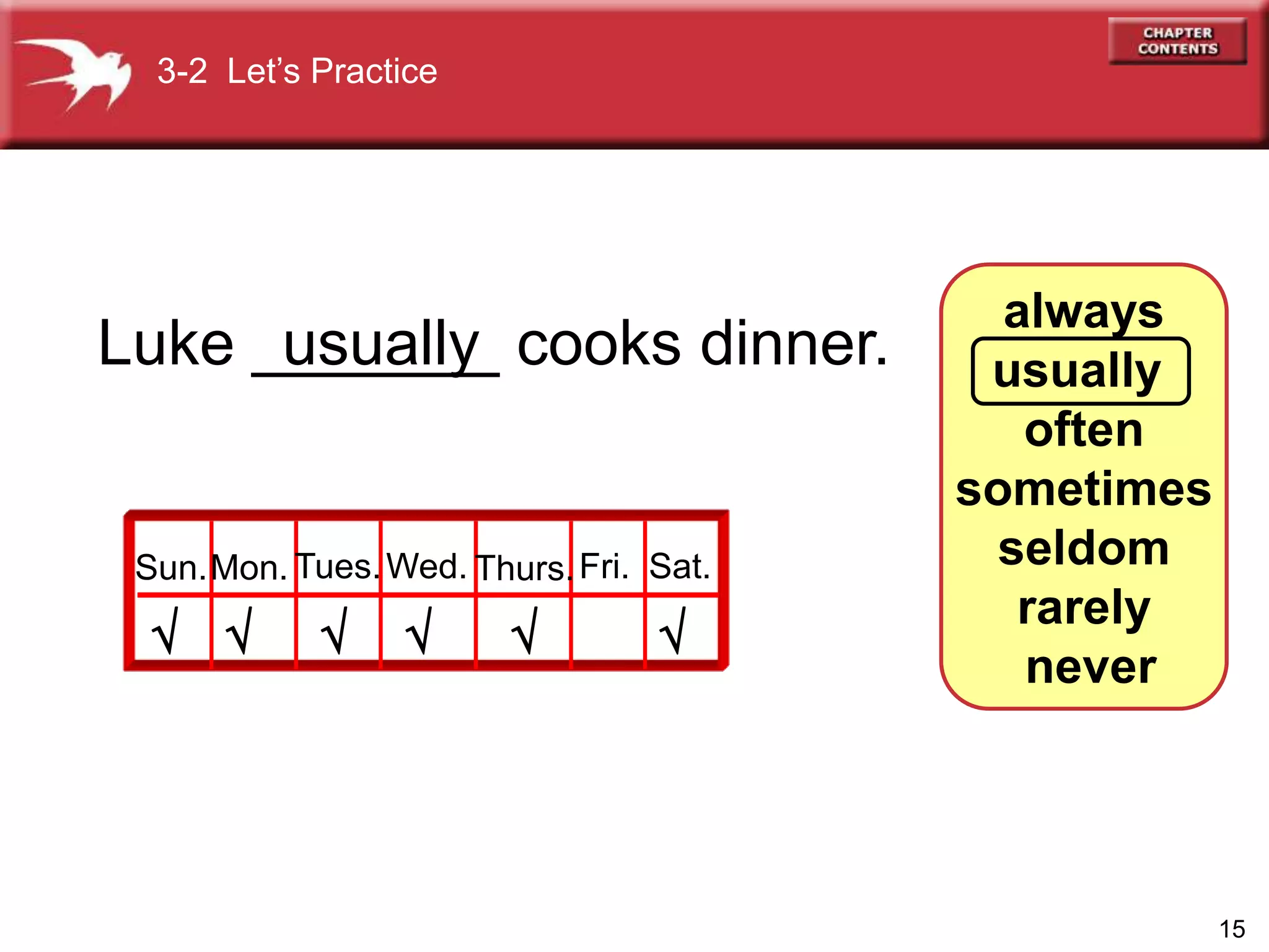 15
always
usually
often
sometimes
seldom
rarely
never
Luke _______ cooks dinner.

usually
 
Sun.Mon. Tues.Wed. Thurs.Fri. Sat.
3-2 Let’s Practice
 