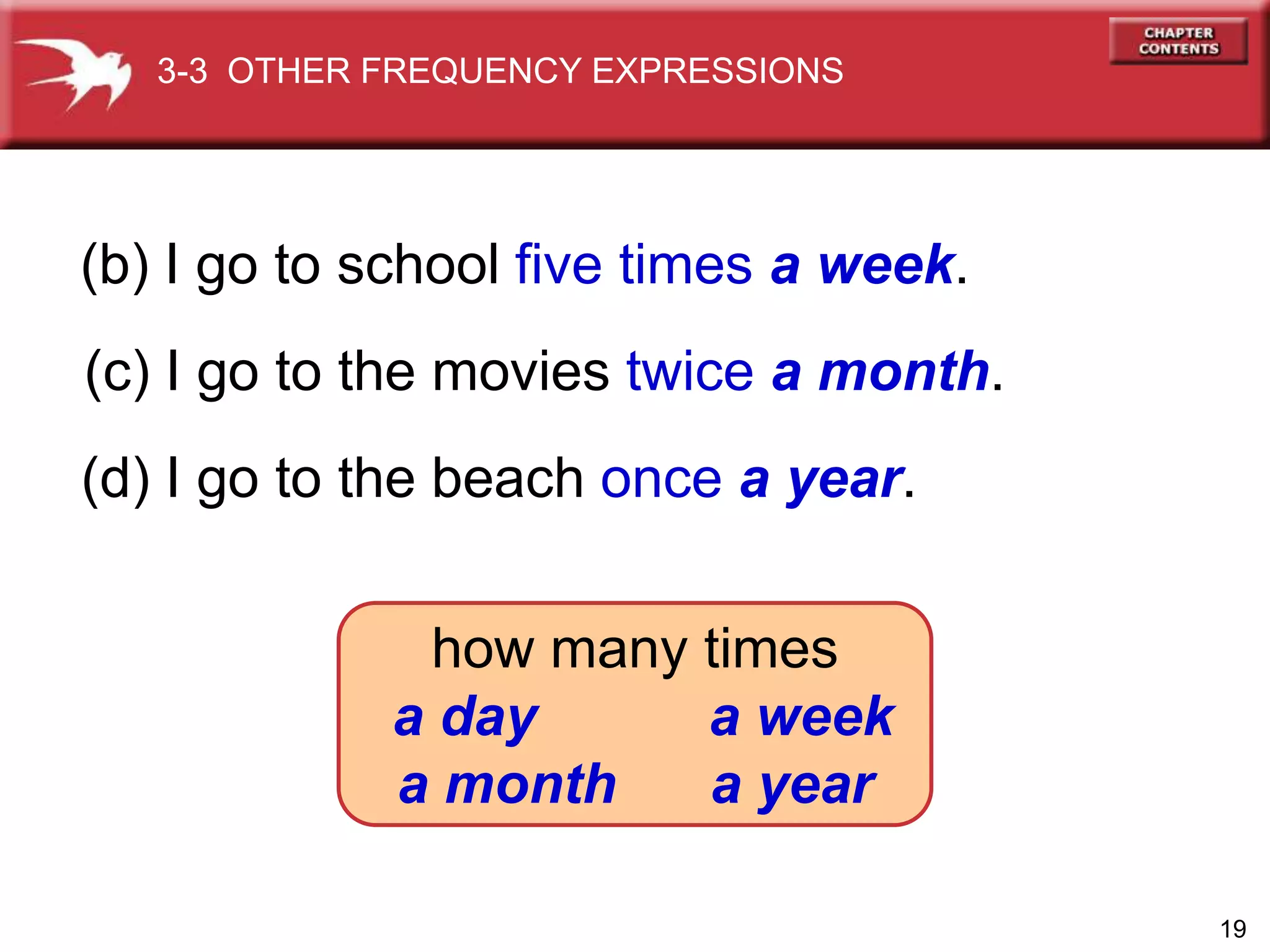 19
(b) I go to school five times a week.
(c) I go to the movies twice a month.
(d) I go to the beach once a year.
3-3 OTHER FREQUENCY EXPRESSIONS
how many times
a day a week
a month a year
 