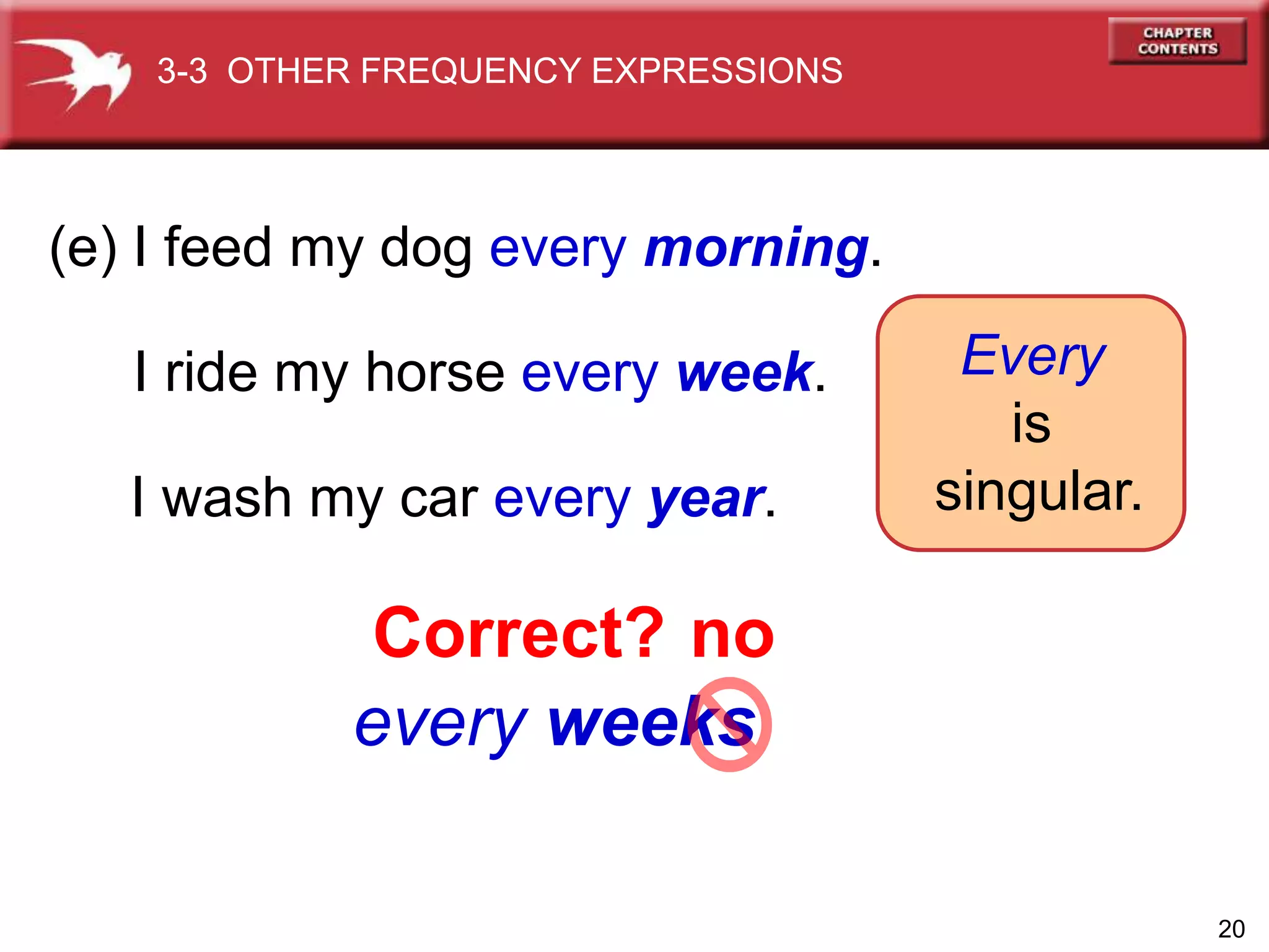 20
every weeks
(e) I feed my dog every morning.
I ride my horse every week.
I wash my car every year.
Every
is
singular.
Correct? no
3-3 OTHER FREQUENCY EXPRESSIONS
 