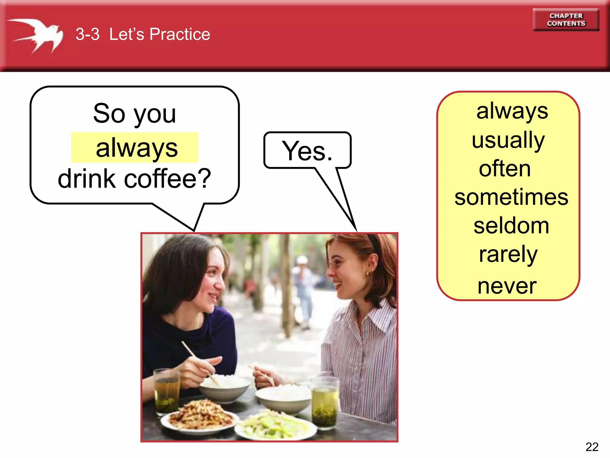 22
So you
drink coffee?
always Yes.
3-3 Let’s Practice
always
usually
often
sometimes
seldom
rarely
never
 
