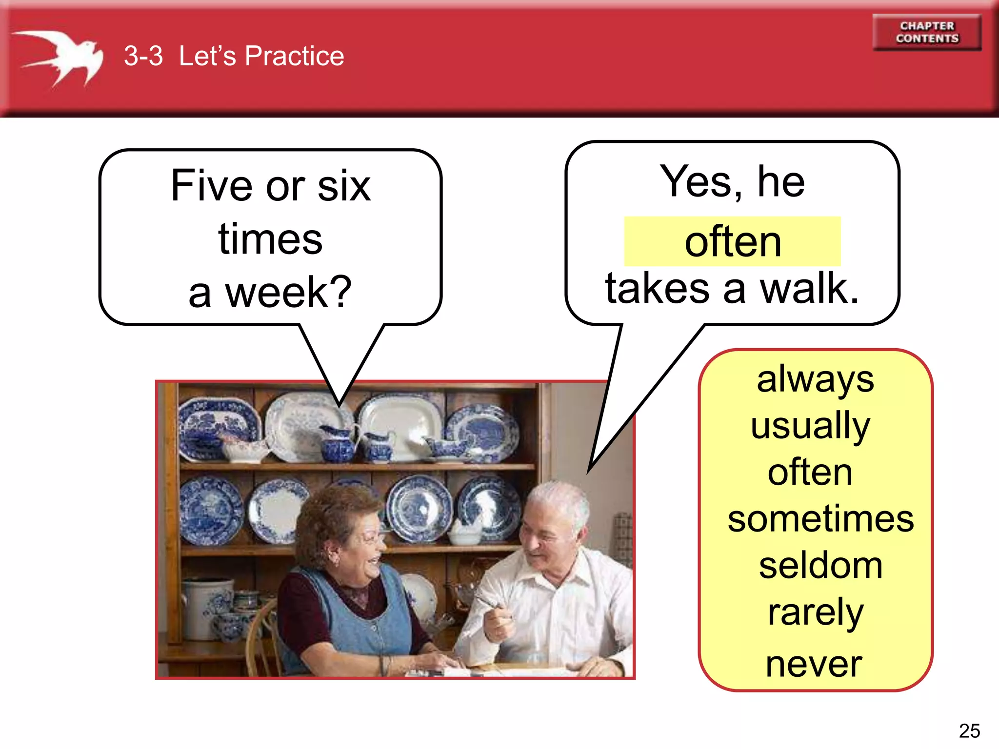25
Yes, he
takes a walk.
Five or six
times
a week?
3-3 Let’s Practice
often
always
usually
often
sometimes
seldom
rarely
never
 