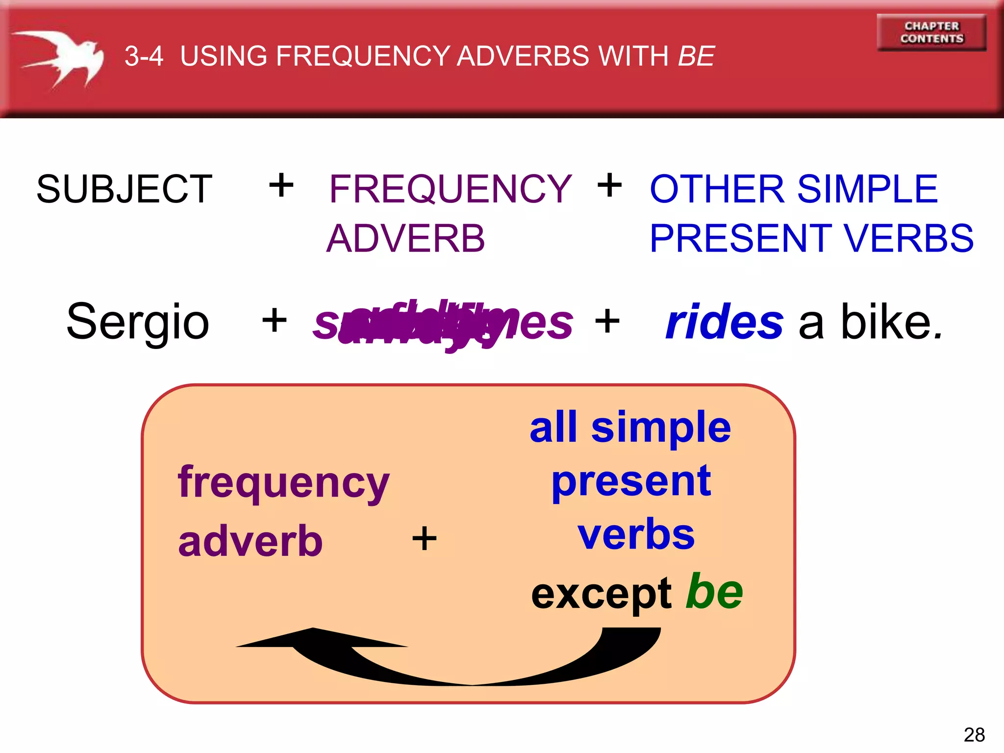 28
oftensometimesseldomrarelynever + rides a bike.Sergio
SUBJECT + FREQUENCY + OTHER SIMPLE
ADVERB PRESENT VERBS
alwaysusually+
frequency
adverb +
all simple
present
verbs
except be
3-4 USING FREQUENCY ADVERBS WITH BE
 