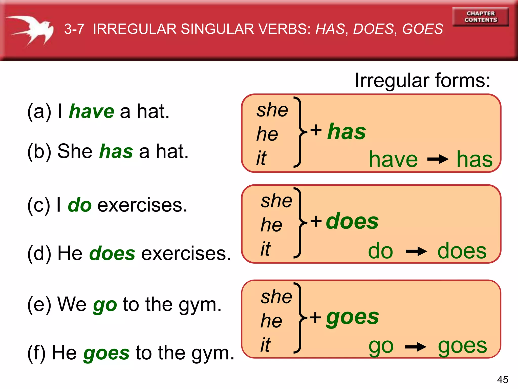 45
does
(c) I do exercises.
(d) He does exercises.
(a) I have a hat.
(b) She has a hat.
Irregular forms:
have has
do does
(e) We go to the gym.
(f) He goes to the gym. go goes
she
he
it
has
goes
she
he
it
she
he
it
+
+
+
3-7 IRREGULAR SINGULAR VERBS: HAS, DOES, GOES
 