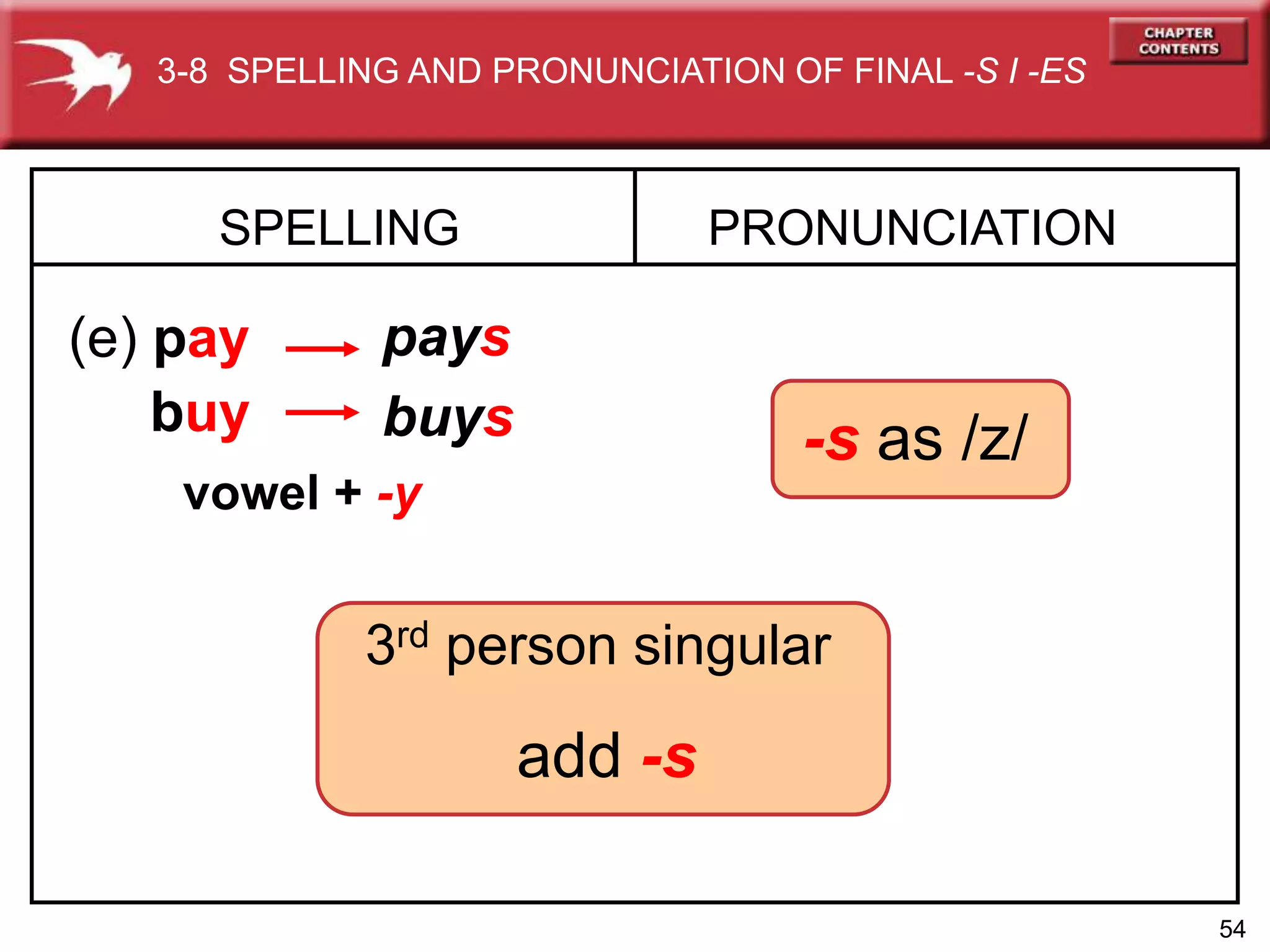 54
SPELLING
(e) pay
PRONUNCIATION
pays
buy buys
3-8 SPELLING AND PRONUNCIATION OF FINAL -S I -ES
3rd person singular
add -s
-s as /z/
vowel + -y
 