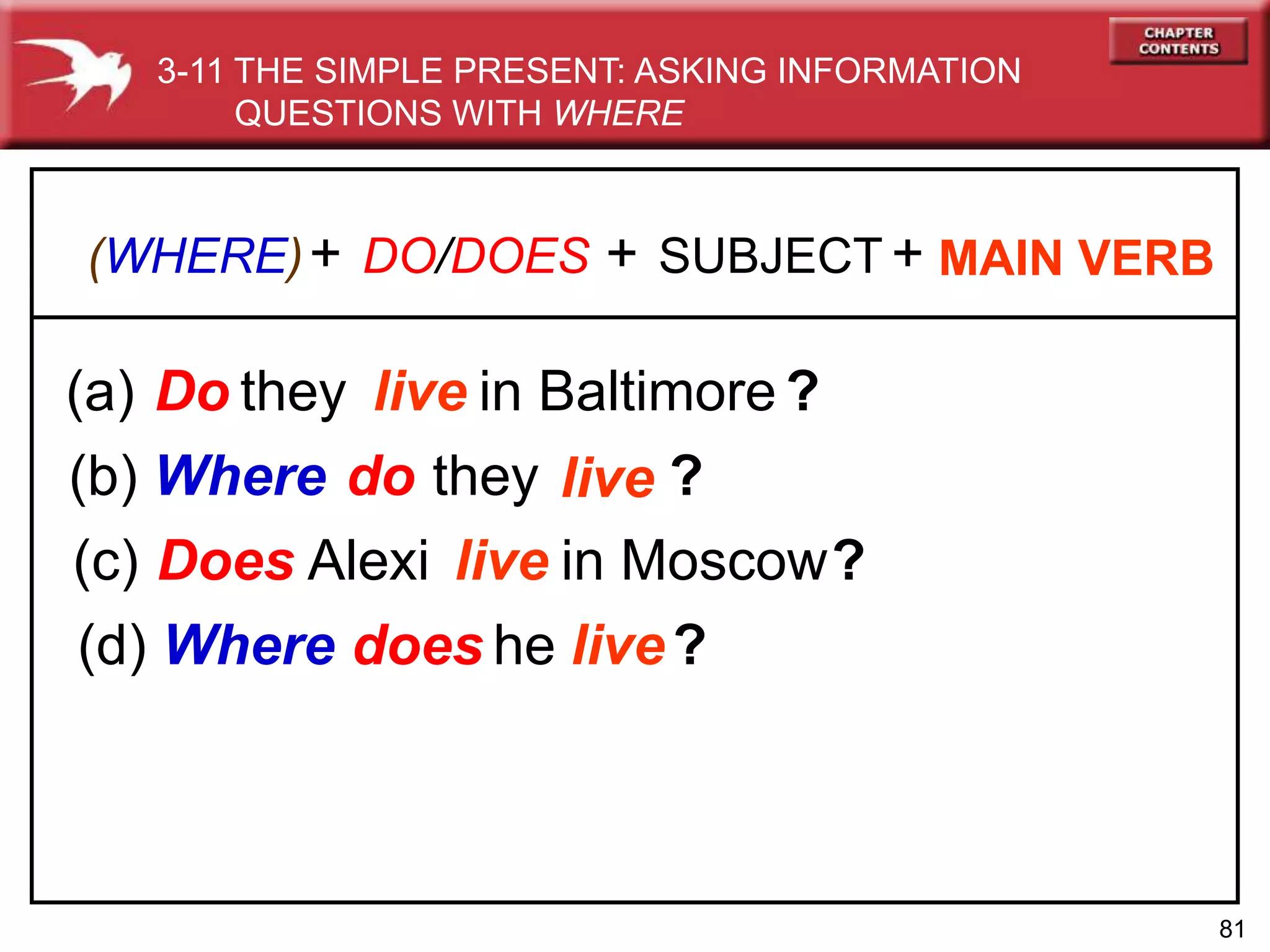 81
(a) in Baltimore
(b) Where
(c) in Moscow
(d) Where
Do
do
does
Does
DO/DOES SUBJECT
they
they
Alexi
he
MAIN VERB+ +
live
live
live
live
?
?
?
?
(WHERE)+
3-11 THE SIMPLE PRESENT: ASKING INFORMATION
QUESTIONS WITH WHERE
 