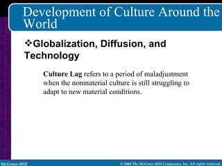 Development of Culture Around the World Culture Lag  refers to a period of maladjustment when the nonmaterial culture is still struggling to adapt to new material conditions. Globalization, Diffusion, and Technology 