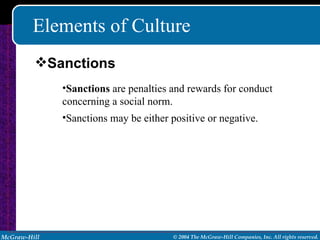 Elements of Culture Sanctions  are penalties and rewards for conduct concerning a social norm. Sanctions may be either positive or negative. Sanctions 