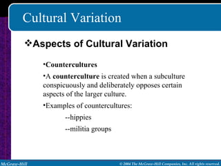 Cultural Variation Countercultures A  counterculture  is created when a subculture conspicuously and deliberately opposes certain aspects of the larger culture. Examples of countercultures: --hippies --militia groups Aspects of Cultural Variation 