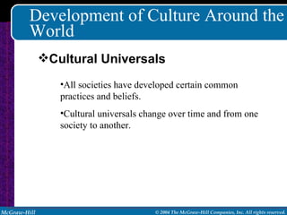Development of Culture Around the World All societies have developed certain common practices and beliefs. Cultural universals change over time and from one society to another. Cultural Universals 