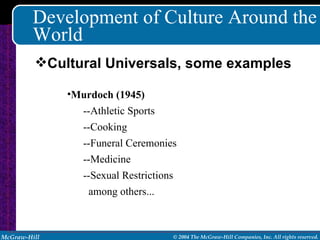 Development of Culture Around the World Murdoch (1945) --Athletic Sports --Cooking --Funeral Ceremonies --Medicine --Sexual Restrictions among others... Cultural Universals, some examples 