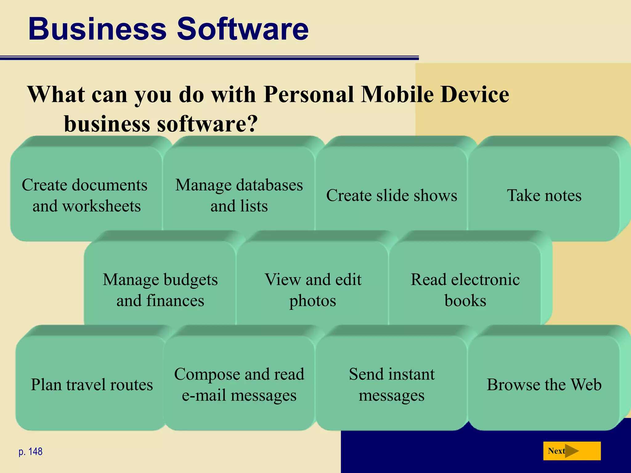 Business Software= A1+B2 (*C12)= D1+E2 (*F12)= SUM (C12:Y12)NextWhat is spreadsheet software?Organizes data in rows and columns
