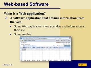 Business SoftwareNextWhat can you do with Personal Mobile Device business software?Create documents and worksheetsManage databasesand listsCreate slide showsTake notesManage budgetsand financesView and editphotosRead electronicbooksPlan travel routesCompose and reade-mail messagesSend instantmessagesBrowse the Webp. 148