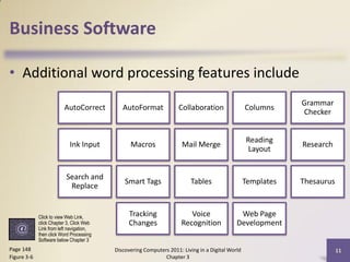 Business Software

• Additional word processing features include
                                                                                                              Grammar
                         AutoCorrect         AutoFormat             Collaboration                 Columns
                                                                                                              Checker


                                                                                                  Reading
                            Ink Input           Macros                Mail Merge                              Research
                                                                                                   Layout


                          Search and
                                              Smart Tags                 Tables                   Templates   Thesaurus
                           Replace


             Click to view Web Link,           Tracking                 Voice                 Web Page
             click Chapter 3, Click Web        Changes               Recognition             Development
             Link from left navigation,
             then click Word Processing
             Software below Chapter 3
Page 148                                  Discovering Computers 2011: Living in a Digital World                           11
Figure 3-6                                                    Chapter 3
 