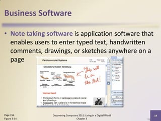 Business Software

• Note taking software is application software that
  enables users to enter typed text, handwritten
  comments, drawings, or sketches anywhere on a
  page




Page 156        Discovering Computers 2011: Living in a Digital World   19
Figure 3-14                         Chapter 3
 