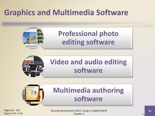 Graphics and Multimedia Software

                             Professional photo
                              editing software

                      Video and audio editing
                             software

                        Multimedia authoring
                              software
Pages 162 – 163       Discovering Computers 2011: Living in a Digital World   26
Figures 3-23 – 3-25                       Chapter 3
 