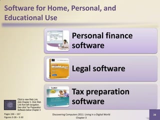Software for Home, Personal, and
Educational Use

                                                           Personal finance
                                                           software

                                                           Legal software

                                                           Tax preparation
             Click to view Web Link,
             click Chapter 3, Click Web
             Link from left navigation,
             then click Tax Preparation
                                                           software
             Software below Chapter 3
Pages 166 – 167                           Discovering Computers 2011: Living in a Digital World   28
Figures 3-28 – 3-30                                           Chapter 3
 