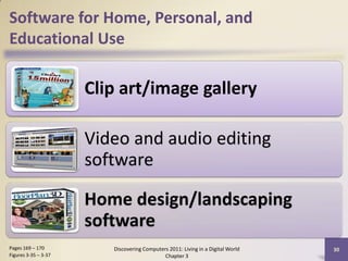 Software for Home, Personal, and
Educational Use

                      Clip art/image gallery

                      Video and audio editing
                      software

                      Home design/landscaping
                      software
Pages 169 – 170          Discovering Computers 2011: Living in a Digital World   30
Figures 3-35 – 3-37                          Chapter 3
 