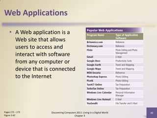 Web Applications

    • A Web application is a
      Web site that allows
      users to access and
      interact with software
      from any computer or
      device that is connected
      to the Internet




Pages 172 – 173     Discovering Computers 2011: Living in a Digital World   32
Figure 3-42                             Chapter 3
 