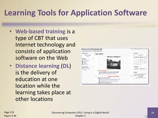 Learning Tools for Application Software

    • Web-based training is a
      type of CBT that uses
      Internet technology and
      consists of application
      software on the Web
    • Distance learning (DL)
      is the delivery of
      education at one
      location while the
      learning takes place at
      other locations

Page 176            Discovering Computers 2011: Living in a Digital World   37
Figure 3-46                             Chapter 3
 